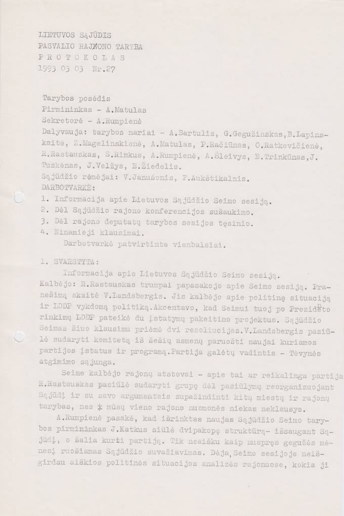 Lietuvos Sajūdžio Pasvalio rajono Tarybos 1993 m. kovo 3 d. posėdžio PROTOKOLAS Nr. 27